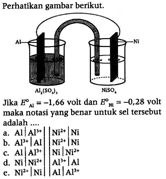 Perhatikan gambar berikut.Jika  E^o Al=-1,66  volt dan E^o Ni=-0,28 volt maka notasi yang benar untuk sel tersebut adalah ....a.  Al | Al^3+  || Ni^(3+) | Ni  b.  Al^3+|A l ||Ni^(2+) | Ni C.  Al | Al^3+| Ni | Ni^2+ d.  Ni | Ni^2+ || Al^3+ | Al  e.  Ni^2+|Ni||Al |  Al^(3+) 