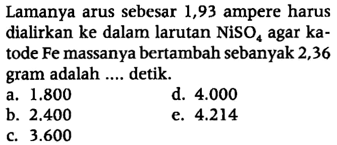 Lamanya arus sebesar 1,93 ampere harus dialirkan ke dalam larutan NiSO4 agar katode Fe massanya bertambah sebanyak 2,36 gram adalah.... detik.
