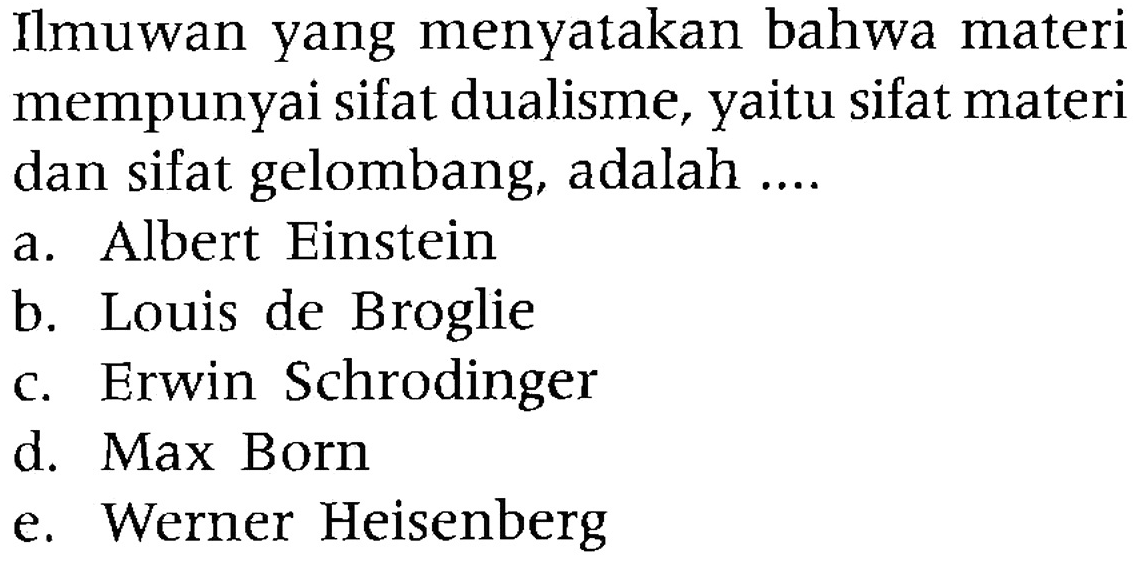 Ilmuwan yang menyatakan bahwa materi mempunyai sifat dualisme, yaitu sifat materi dan sifat gelombang, adalah ....