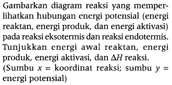 Gambarkan diagram reaksi yang memperlihatkan hubungan energi potensial (energi reaktan, energi produk, dan energi aktivasi) pada reaksi eksotermis dan reaksi endotermis. Tunjukkan energi awal reaktan, energi produk, energi aktivasi, dan delta H reaksi.
(Sumbu x = koordinat reaksi; sumbu y = energi potensial)