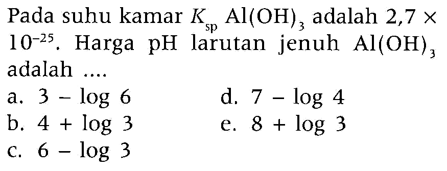 Pada suhu kamar  K sp  Al(OH)3 adalah  2,7 x   10^-25. Harga pH larutan jenuh Al(OH)3 adalah ....
a.  3-log 6 
d.  7-log 4 
b.  4+log 3 
e.  8+log 3 
c.  6-log 3 