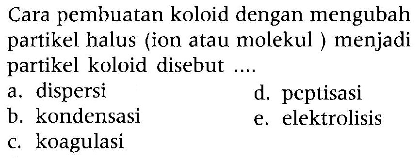 Cara pembuatan koloid dengan mengubah partikel halus (ion atau molekul ) menjadi partikel koloid disebut ....
a. dispersi
d. peptisasi
b. kondensasi
e. elektrolisis
c. koagulasi