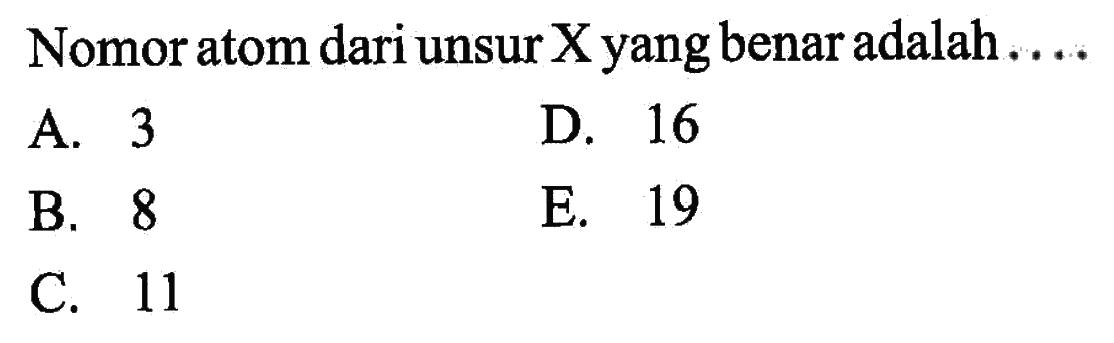 Nomor atom dari unsur X yang benar adalah ....