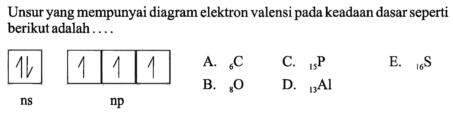 Unsur yang mempunyai diagram elektron valensi pada keadaan dasar seperti berikut adalah ....
A.   6 C   C.  15 P  E.   16 S 
B.   8 O   D.  13 Al 