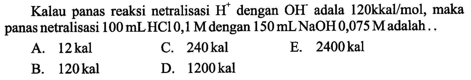 Kalau panas reaksi netralisasi  H^+ dengan  OH^- adalah 120 kkal/mol , maka panas netralisasi  100 mLHCl 0,1 M  dengan  150 mL NaOH 0,075 M  adalah..