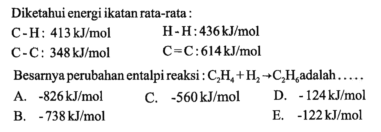 Diketahui energi ikatan rata-rata : C-H: 413 kJ/mol H-H: 436 kJ/mol C-C: 348 kJ/mol C=C: 614 kJ/mol Besarnya perubahan entalpi reaksi : C2H4 + H2 -> C2H6 adalah .....