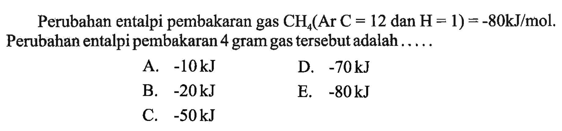 Perubahan entalpi pembakaran gas  CH4 (Ar C=12  dan  H=1)=-80 kJ/mol . Perubahan entalpi pembakaran 4 gram gas tersebut adalah .....