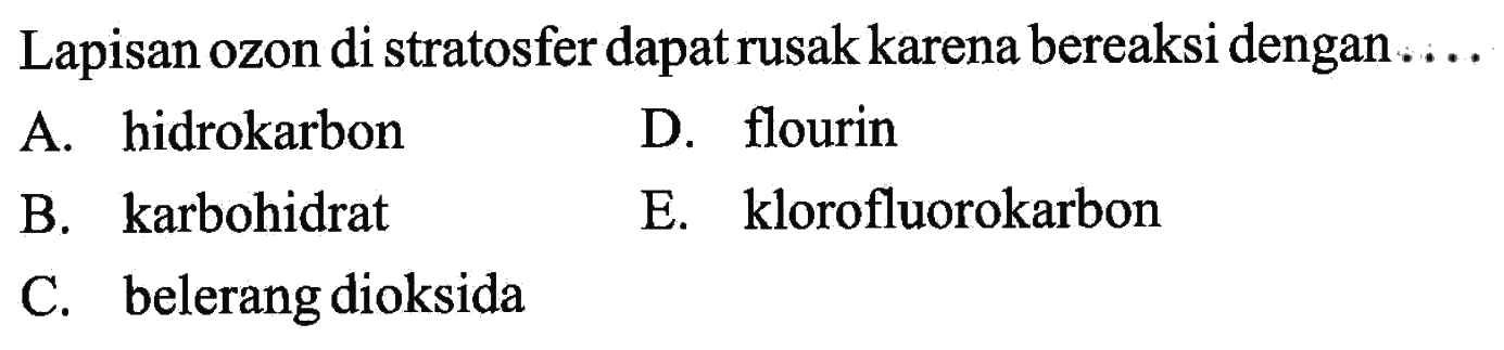 Lapisan ozon di stratosfer dapat rusak karena bereaksi dengan .....
