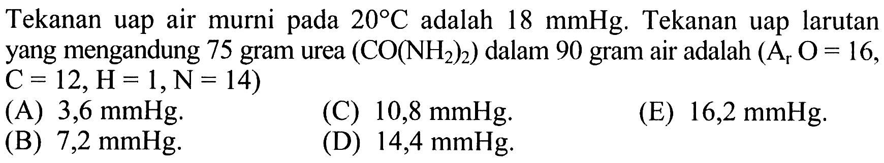 Tekanan uap air murni pada 20 C adalah 18 mmHg. Tekanan uap larutan yang mengandung 75 gram urea (CO(NH2)2) dalam 90 gram air adalah (Ar O = 16, C = 12, H = 1, N = 14) 