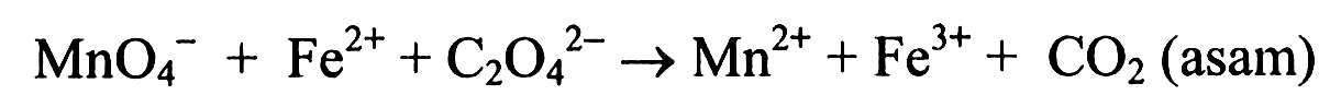 MnO4^- + Fe^(2+) + C2O4^(2-) -> Mn^(2+) + Fe^(3+) + CO2 (asam)