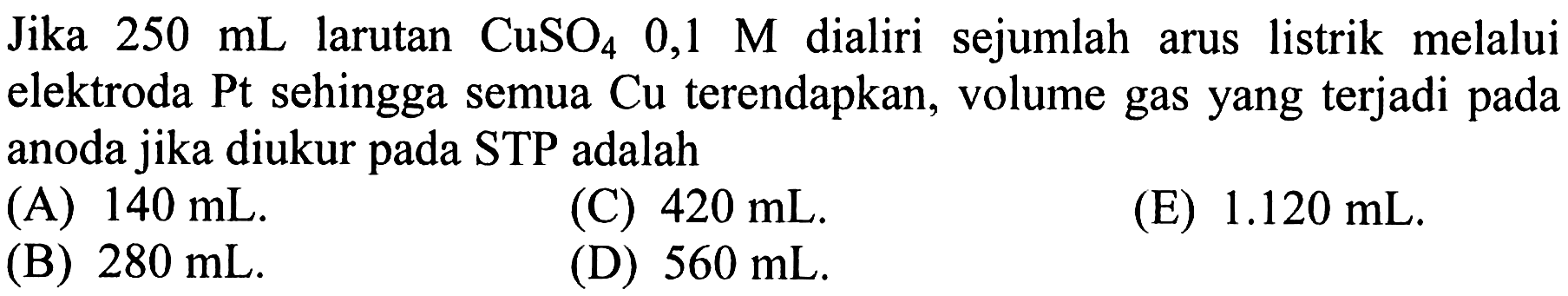 Jika 250 mL larutan CuSO4 0,1 M dialiri sejumlah arus listrik melalui elektroda Pt sehingga semua Cu terendapkan, volume gas yang terjadi pada anoda jika diukur pada STP adalah