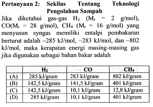 Pertanyaan 2: Sekilas Tentang Teknologi Pengolahan Sampah 
Jika diketahui gas-gas H2 (Mr = 2 g/mol), CO (Mr = 28 g/mol), CH4 (Mr = 16 g/mol) yang menyusun syngas memiliki entalpi pembakaran berturut adalah -285 kJ/mol, -283 kJ/mol, dan -802 kJ/mol, maka kerapatan energi masing-masing gas jika digunakan sebagai bahan bakar adalah