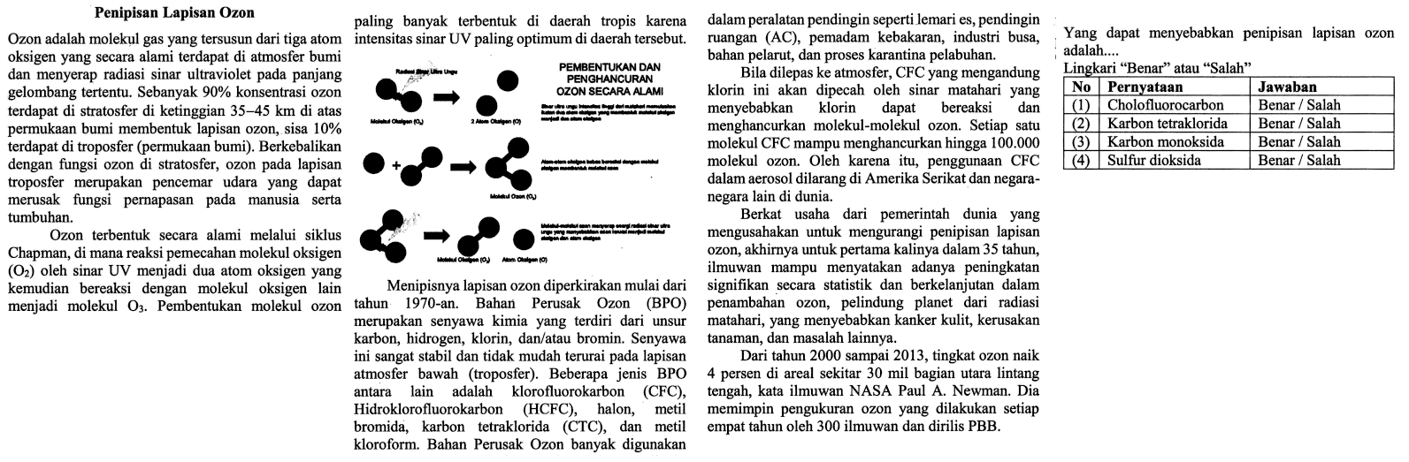 Penipisan Lapisan Ozon Ozon adalah molekul gas yang tersusun dari tiga atom oksigen yang secara alami terdapat di atmosfer bumi dan menyerap radiasi sinar ultraviolet pada panjang gelombang tertentu. Sebanyak 90% konsentrasi ozon terdapat di stratosfer di ketinggian 35 - 45 km di atas permukaan bumi membentuk lapisan ozon, sisa 10% terdapat di troposfer (permukaan bumi). Berkebalikan dengan fungsi ozon di stratosfer, ozon pada lapisan troposfer merupakan pencemar udara yang dapat merusak fungsi pernapasan pada manusia serta tumbuhan. Ozon terbentuk secara alami melalui siklus Chapman, di mana reaksi pemecahan molekul oksigen (O2) oleh sinar UV menjadi dua atom oksigen yang kemudian bereaksi dengan molekul oksigen lain menjadi molekul O3. Pembentukan molekul ozon paling banyak terbentuk di daerah tropis karena intensitas sinar IV paling optimum di daerah tersebut. Pembentukan dan Penghancuran Ozon Secara Alami Radiasi Sinar Ultra Ungu Molekul Oksigen (O2) - > 2 Atom Oksigen (O) Sinar ultra ungu intensitas tinggi dari matahari - > Molekul Ozon (O3) - > Molekul Oksigen (O2) Atom oksigen (O) Menipisnya lapisan ozon diperkirakan mulai dari tahun 1970-an. Bahan perusak Ozon (BPO) merupakan senyawa kimia yang terdiri dari unsur karbon, hidrogen, klorin, dan/atau bromin. Senyawa ini sangat stabil dan tidak mudah terurai pada lapisan atmosfer bawah (troposfer). Beberapa jenis BPO antara lain adalah klorofluorokarbon (CFC), Hidroklorofluorokarbon (HCFC), halon, metil bromida, karbon tetraklorida (CTC), dan metil kloroform. Bahan Perusak Ozon banyak digunakan dalam peralatan pendingin seperti lemari es, pendingin ruangan (AC), pemadam kebakaran, industri busa, bahan pelarut, dan proses karantina pelabuhan. Bila dilepas ke atmosfer, CFC yang mengandung klorin ini akan dipecah oleh sinar matahari yang menyebabkan klorin dapat bereaksi dan menghancurkan molekul - molekul ozon. Setiap satu molekul ozon. Oleh karena itu, penggunaan CFC dalam aerosol dilarang di Amerika Serikat dan negara - negara lain di dunia. Berkat usaha dari pemerintah dunia yang mengusahakan untuk mengurangi penipisan lapisan ozon, akhirnya untuk pertama kalinya dalam 35 tahun, ilmuwan mampu menyatakan adanya peningkatan signifikan secara statistik dan berkelanjutan dalam penambahan ozon, pelindung planet dari radiasi matahari, yang menyebabkan kanker kulit, kerusakan tanaman, dan masalah lainnya. Dari tahun 2000 sampai 2013, tingkat ozon naik 4 persen di aeral sekitar 30 mil bagian utara lintang tengah, kata ilmuwan Nasa Paul A. Newman. Dia memimpin pengukuran ozon yang dilakukan setiap empat tahun oleh 300 ilmuwan dan dirilis PBB. Yang dapat menyebabkan penipisan lapizan ozon adalah ...  Lingkari "Benar" atau "Salah" No Pernyataan Jawaban (1) Cholofluorocarbon Benar/Salah (2) Karbon tetraklorida Benar/Salah (3) Karbon monoksida Benar/Salah (4) Sulfur dioksida Benar/Salah 