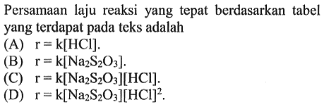 Persamaan laju reaksi yang tepat berdasarkan tabel yang terdapat pada teks adalah
