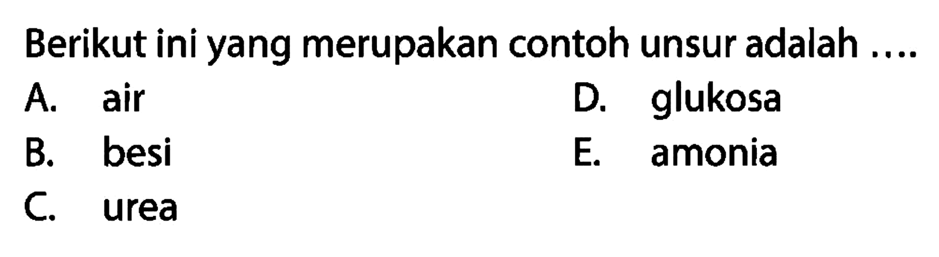 Berikut ini yang merupakan contoh unsur adalah...