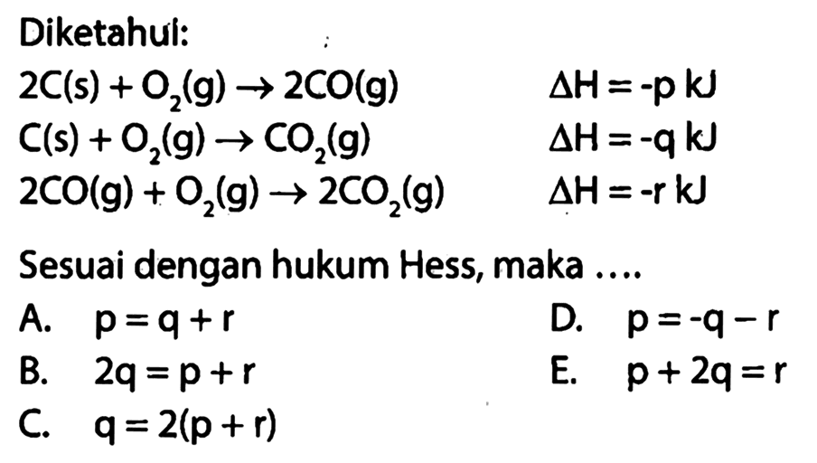 Diketahui: 2 C (s) + O2 (g) -> 2 CO (g) delta H=-p kJ C (s) + O2 (g) -> CO2 (g) delta H=-q kJ 2 CO (g) + O2 (g) -> 2 CO2 (g) delta H =-r kJ Sesuai dengan hukum Hess, maka A. p=q+r D. p=-q-r B. 2q= p+r E. p + 2q=r C. q = 2(p +r)