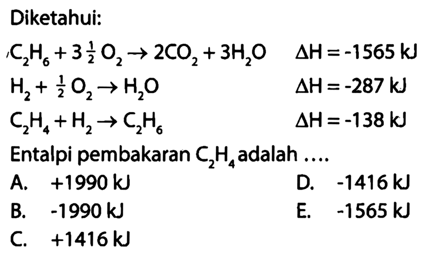 Diketahui: C2H6 + 3 1/2 O2 -> 2CO2 + 3H2O Delta H = -1565 kJ H2 + 1/2 O2 -> H2O Delta H = -287 kJ C2H4 + H2 -> C2H6 Delta H = -138 kJ Entalpi pembakaran C2H4 adalah .... 