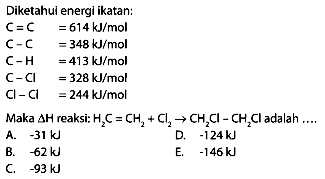 Diketahui energi ikatan:C=C =614 kJ/mol C-C =348 kJ/mol C-H =413 kJ/mol C-Cl =328 kJ/mol Cl-Cl =244 kJ/molMaka delta H reaksi: H2C=CH2+Cl2 -> CH2Cl-CH2Cl adalah ....