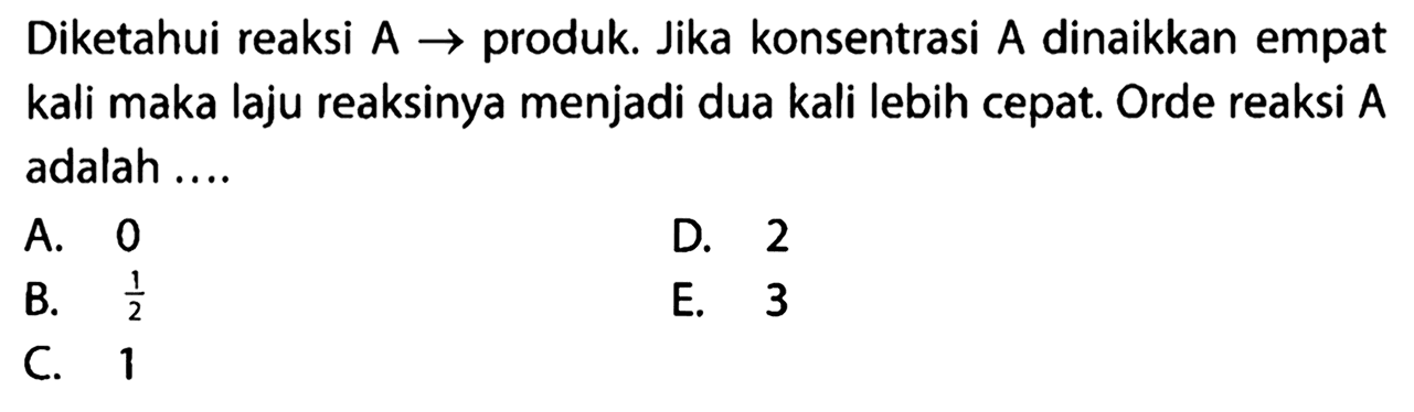 Diketahui reaksi A->produk. Jika konsentrasi A dinaikkan empat kali maka laju reaksinya menjadi dua kali lebih cepat. Orde reaksi A adalah ....