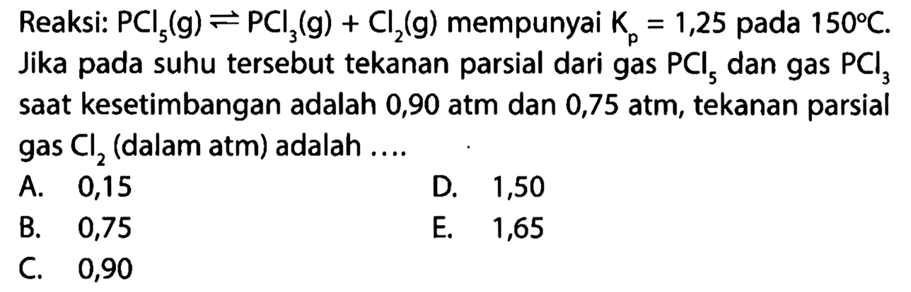 Reaksi: PCl5 (g)<-PCl3 (g)+Cl2 (g) mempunyai Kp=1,25 pada 150 C. Jika pada suhu tersebut tekanan parsial dari gas PCl5 dan gas PCl3 saat kesetimbangan adalah 0,90 atm dan 0,75 atm, tekanan parsial gas Cl2  (dalam atm) adalah ....
