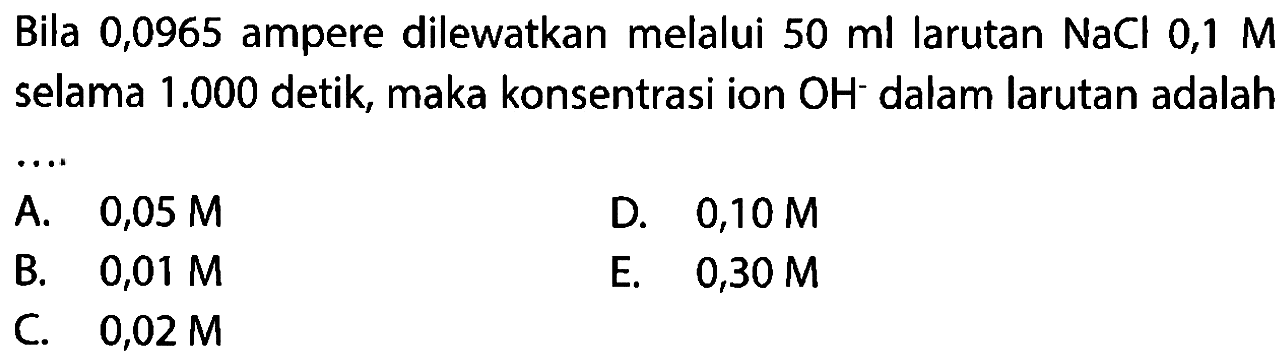 Bila 0,0965 ampere dilewatkan melalui 50 ml larutan NaCl 0,1 M selama 1.000 detik, maka konsentrasi ion OH^- dalam larutan adalah