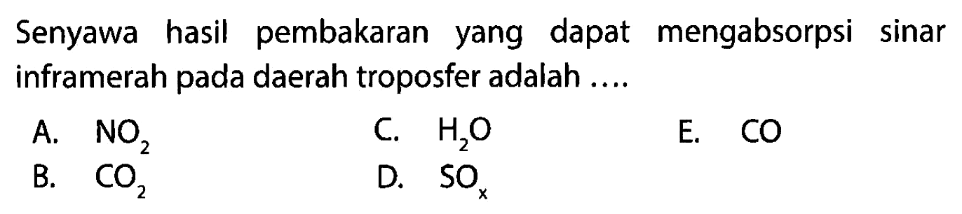 Senyawa hasil pembakaran yang dapat mengabsorpsi sinar inframerah pada daerah troposfer adalah ....
