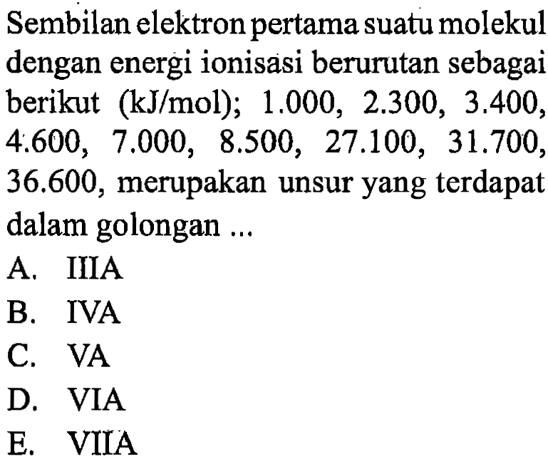 Sembilan elektron pertama suatu molekul dengan energi ionisasi berurutan sebagai berikut (kJ/mol); 1.000, 2.300, 3.400, 4.600, 7.000, 8.500, 27.100, 31.700, 36.600, merupakan unsur yang terdapat dalam golongan ...