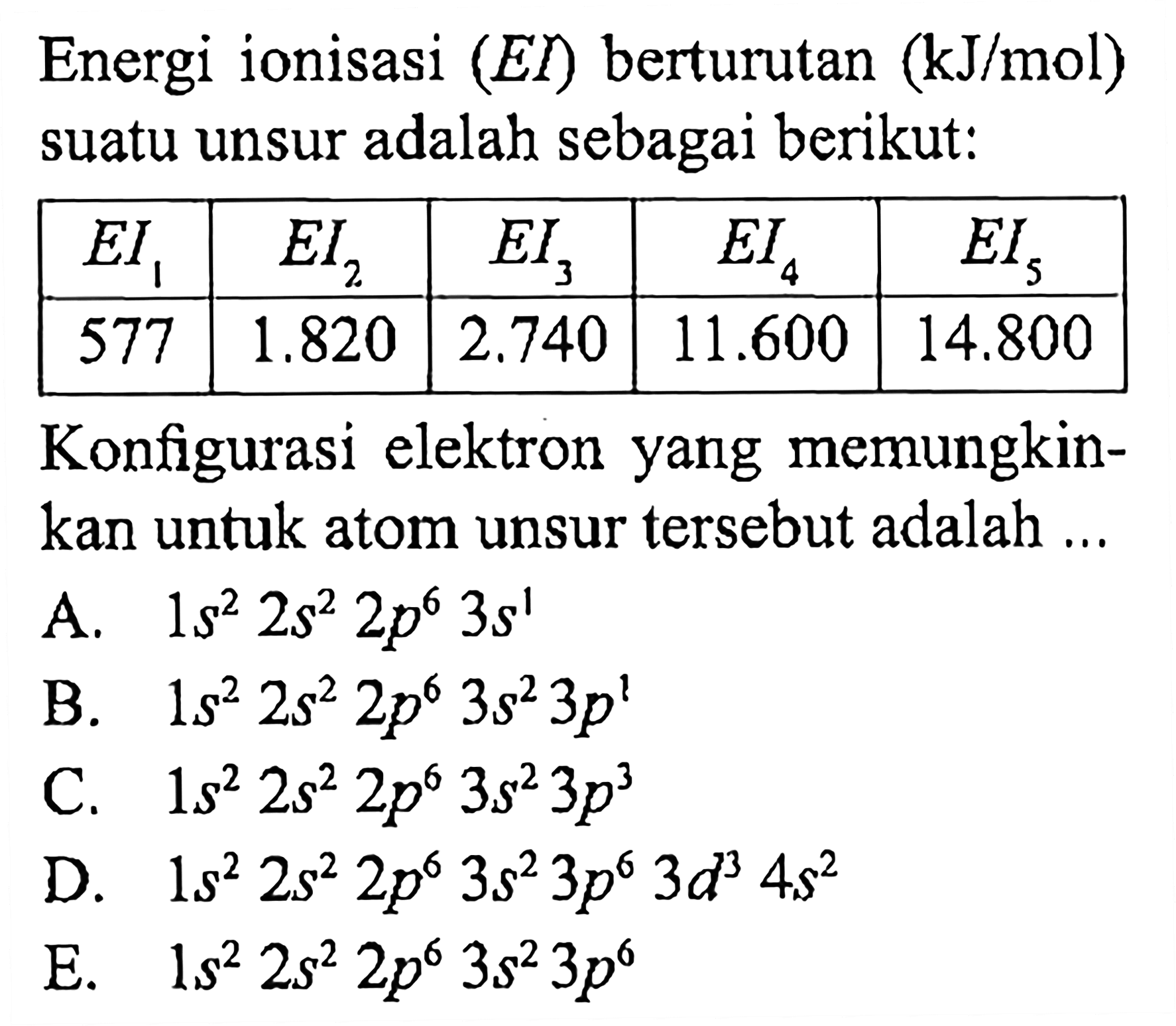 Energi ionisasi (EI) berturutan (kJ/mol) suatu unsur adalah sebagai berikut:

EI1 EI2 EI3 EI4  EI5 
577  1.820  2.740  11.600  14.800 

Konfigurasi elektron yang memungkinkan untuk atom unsur tersebut adalah ...
