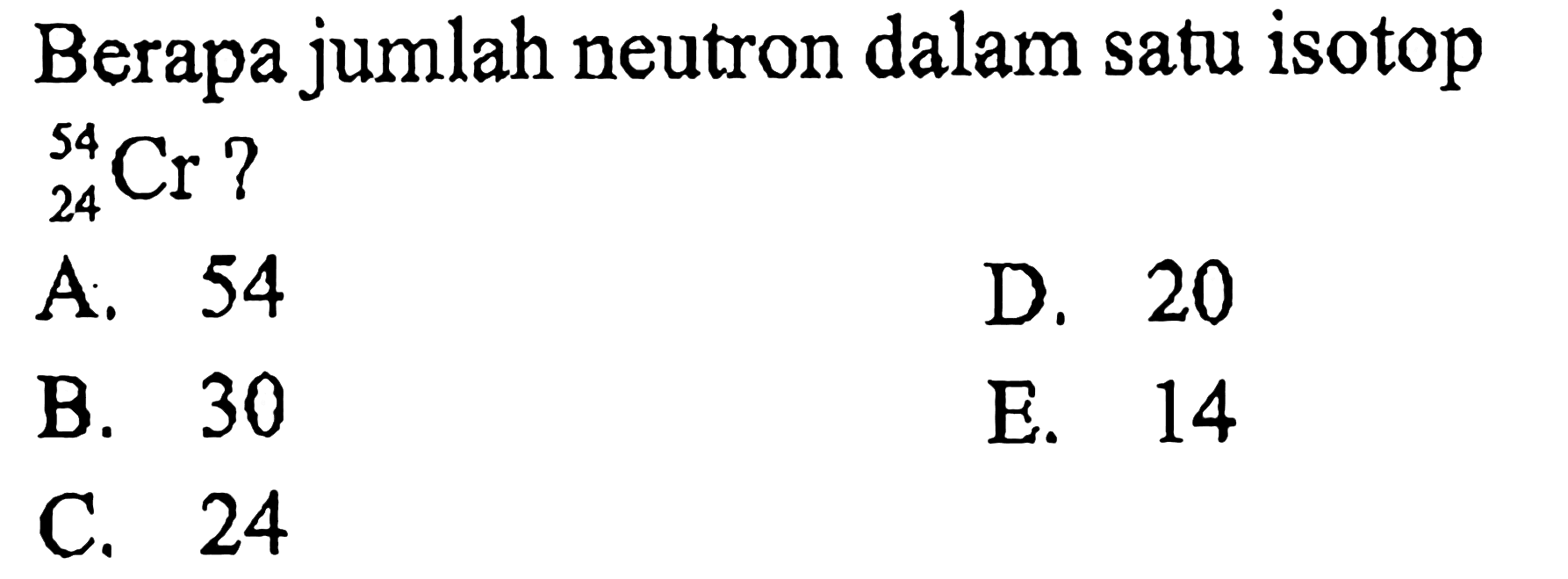 Berapa jumlah neutron dalam satu isotop 54 24 Cr ?