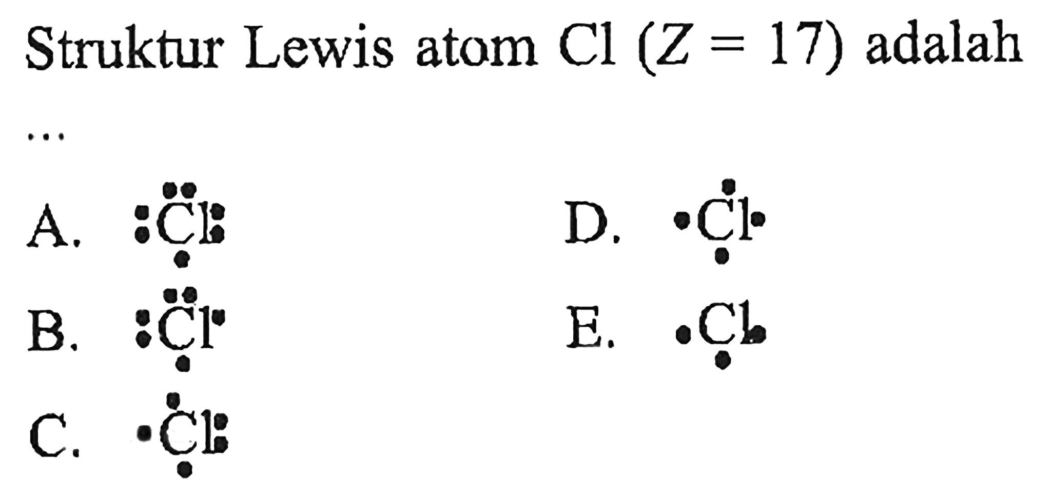 Struktur Lewis atom Cl(Z = 17) adalah ...