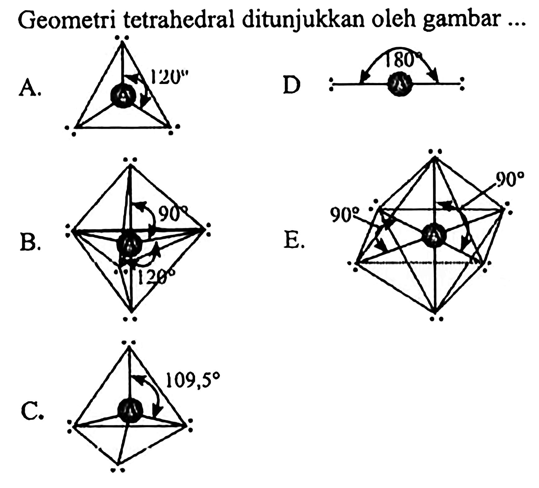 Geometri tetrahedral ditunjukkan oleh gambar ...
A. 120
B. 90 120
C. 109,5
D. 180
E. 90 90