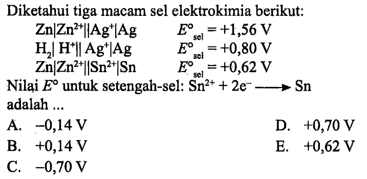 Diketahui tiga macam sel elektrokimia berikut: Zn|Zn^(2+)||Ag^+|Ag      E^0 sel=+1,56 V  H2|H^+||Ag^+|Ag             E=+0,80 V  Zn|Zn^(2+)||Sn^(2+)|Sn  E^0 sel =+0,62 V Nilai  E  untuk setengah-sel:  Sn^(2+)+2e^- --->Sn  adalah ...