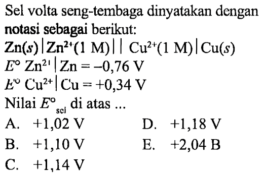 Sel volta seng-tembaga dinyatakan dengan notasi sebagai berikut:Zn(s)|Zn^2+(1 M)||Cu^2+(1 M)|Cu(s) E Zn^21 |Zn=-0,76 V E Cu^2+ |Cu=+0,34 V Nilai E sel di atas  ... 