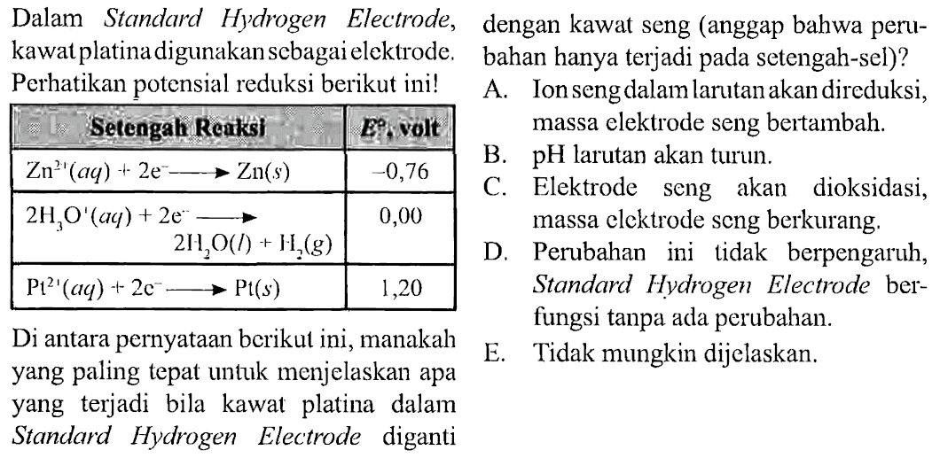 Dalam Standard Hydrogen Electrode, kawat platina digunakan sebagaielektrode.  Perhatikan potensial reduksi berikut ini! 
Setengah Reaksi E, volt
Zn^(2+) (aq) + 2e^- -> Zn(s) -0,76
2H3O^+ (aq) + 2e^- -> 2H2O (l) + H2 (g) 0,0 
Pt^(2+) + 2e^- -> Pt (s) 1,2 

Di antara pernyataan berikut ini, manakah yang paling tepat untuk menjelaskan apa yang terjadi bila kawat platina dalam Standard Hydrogen Electrode diganti dengan kawat seng (anggap bahwa perubahan hanya terjadi pada setengah-sel)? 
A. Ion seng dalam larutan akan direduksi, massa elektrode seng bertambah.
B. pH larutan akan turun
C. Elektrode seng akan dioksidasi, massa elektrode seng berkurang.
D. Perubahan ini tidak berpengaruh, Standard Hydrogen Electrode berfungsi tanpa ada perubahan
E. Tidak mungkin dijelaskan. 