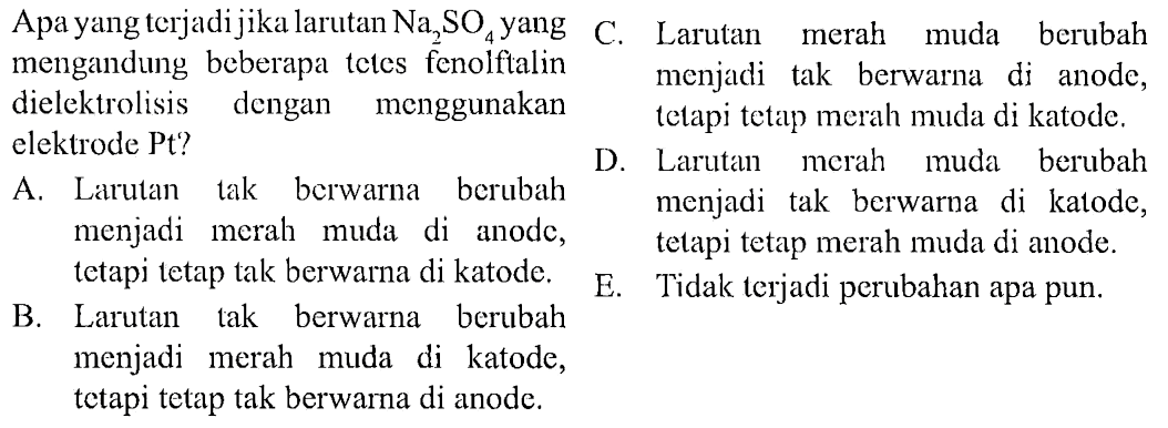 Apa yang terjadi jika larutan Na2SO4 yang mengandung beberapa tetes fenolftalin dielektrolisis dengan menggunakan elektrode Pt?