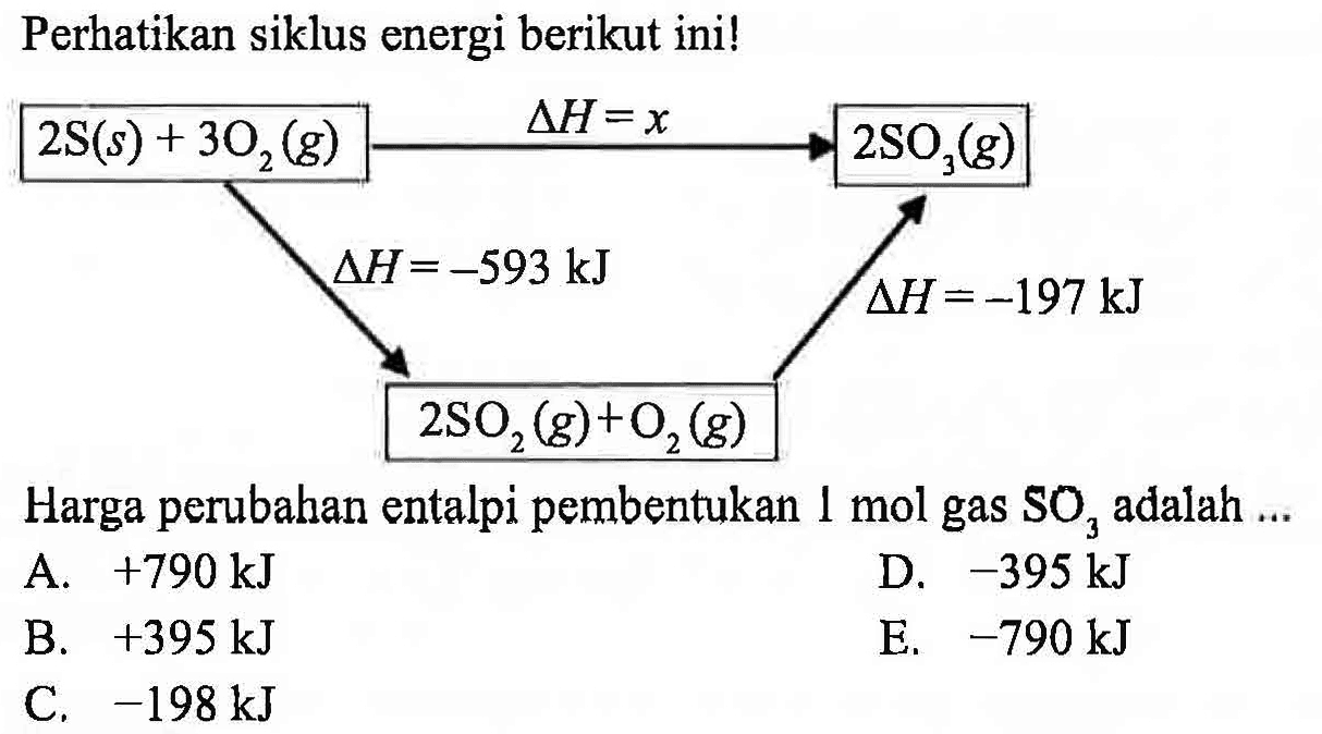 Perhatikan siklus energi berikut ini!Harga perubahan entalpi pembentukan 1 mol gas SO3 adalah... 2S(s)+3O2(g) delta H=x 2SO3(g) delta H=-197kJ 2So2(g)+O2(g) deltaH=-593kJ  