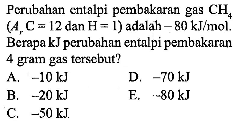 Perubahan entalpi pembakaran gas  CH4   (Ar C=12.  dan H=1)  adalah  -80 kJ/mol . Berapa kJ perubahan entalpi pembakaran 4 gram gas tersebut?