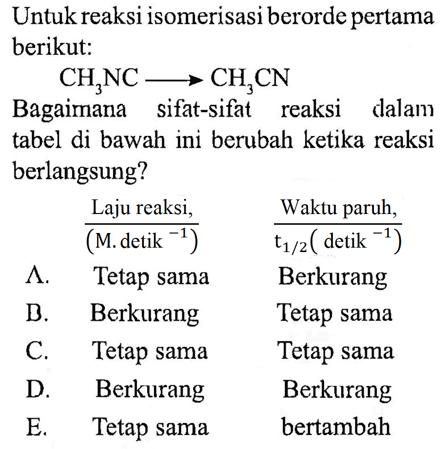 Untuk reaksi isomerisasi berorde pertama berikut : 
CH3CN - > CH3CN
Bagaiman sifat-sifat reaksi dalam tabel di bawah ini berubah ketika reaksi berlangsung?
(Laju reaksi)/(M. detik^(-1)) (Waktu paruh)/(t1/2 (detik^(-1)))