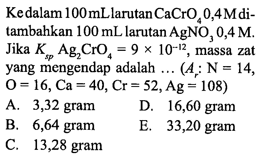 Ke dalam  100 mLlarutan CaCrO4 0,4 Mdi-  tambahkan  100 mL  larutan  AgNO3, 0,4 M . Jika  Ksp Ag2 CrO4=9 x 10^(-12) , massa zat yang mengendap adalah ...  (Ar: N=14.   O=16, Ca=40, Cr=52, Ag=108) 
A. 3,32 gram    D. 16,60 gram
B. 6,64 gram
E. 33,20 gram
C. 13,28 gram