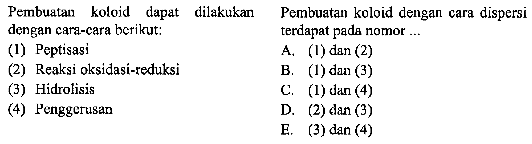 Pembuatan koloid dapat dilakukan Pembuatan koloid dengan cara dispersi dengan cara-cara berikut:    terdapat pada nomor ...
(1) Peptisasi
A. (1) dan (2)
(2) Reaksi oksidasi-reduksi
B. (1) dan (3)
(3) Hidrolisis
C. (1) dan (4)
(4) Penggerusan
D. (2) dan (3)
E. (3) dan (4)