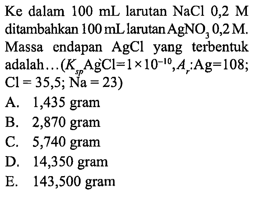Ke dalam  100 mL  larutan  NaCl 0,2 M  ditambahkan  100 mL  larutan  AgNO3 0,2 M . Massa endapan AgCl yang terbentuk adalah...  (Ksp AgCl=1 x 10^(-10), Ar: Ag=108 ;.   Cl=35,5 ; Na=23) 
A. 1,435 gram
B. 2,870 gram
C. 5,740 gram
D. 14,350 gram
E. 143,500 gram