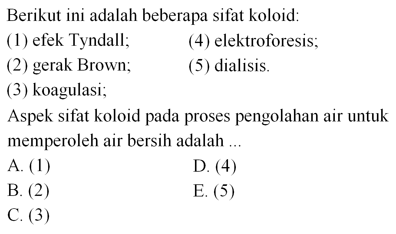 Berikut ini adalah beberapa sifat koloid:
(1) efek Tyndall;
(4) elektroforesis;
(2) gerak Brown;
(5) dialisis.
(3) koagulasi;
Aspek sifat koloid pada proses pengolahan air untuk memperoleh air bersih adalah ...
A. (1)
D. (4)
B. (2)
E. (5)
C. (3)