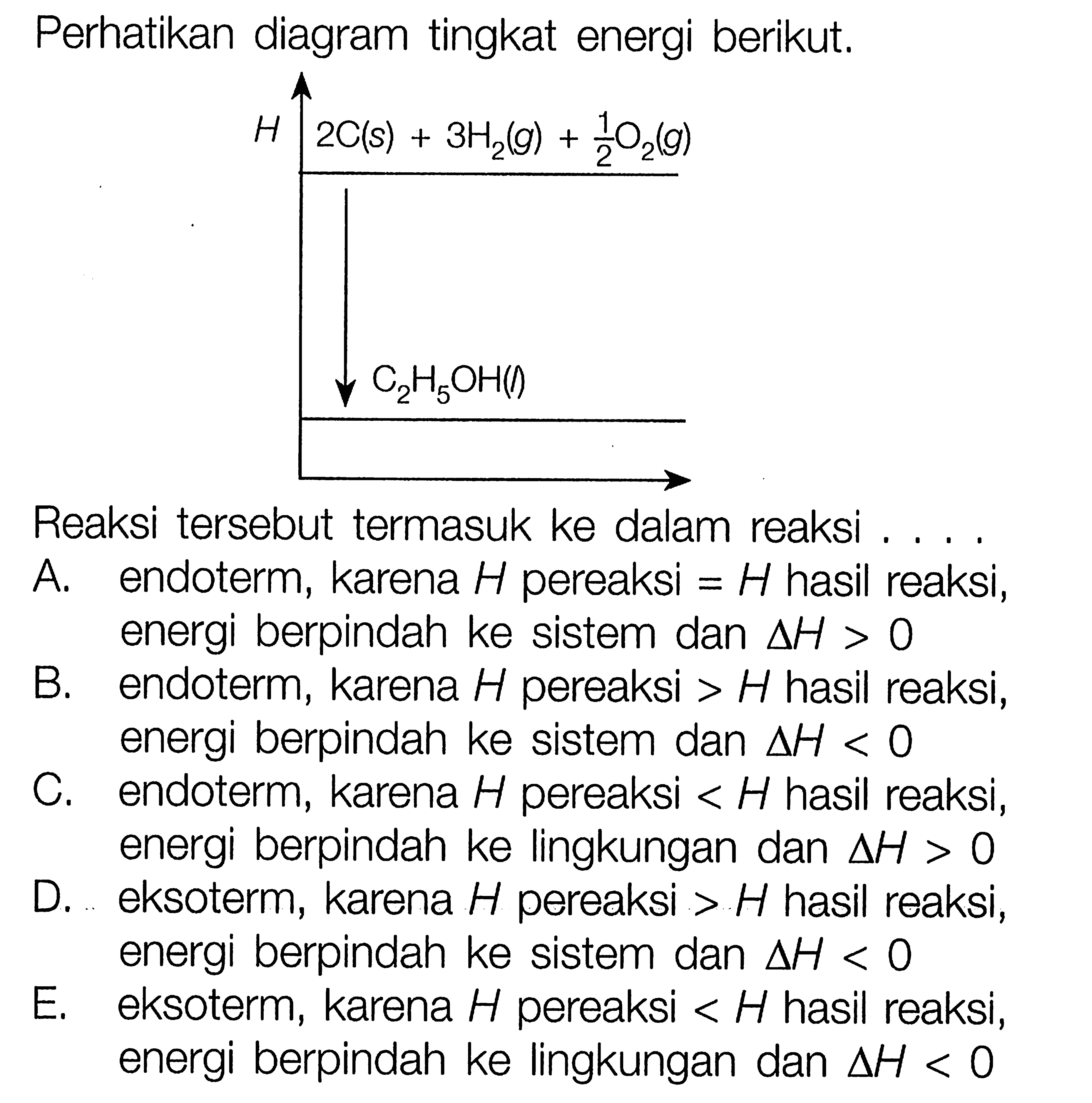 Perhatikan diagram tingkat energi berikut.Reaksi tersebut termasuk ke dalam reaksi ....A. endoterm, karena  H  pereaksi  =H  hasil reaksi, energi berpindah ke sistem dan delta H>0 B. endoterm, karena  H  pereaksi  >H  hasil reaksi, energi berpindah ke sistem dan delta H<0 C. endoterm, karena  H  pereaksi  <H  hasil reaksi, energi berpindah ke lingkungan dan delta H>0 D. eksoterm, karena  H  pereaksi  >H  hasil reaksi, energi berpindah ke sistem dan delta H<0 E. eksoterm, karena  H  pereaksi  <H  hasil reaksi, energi berpindah ke lingkungan dan delta H<0 