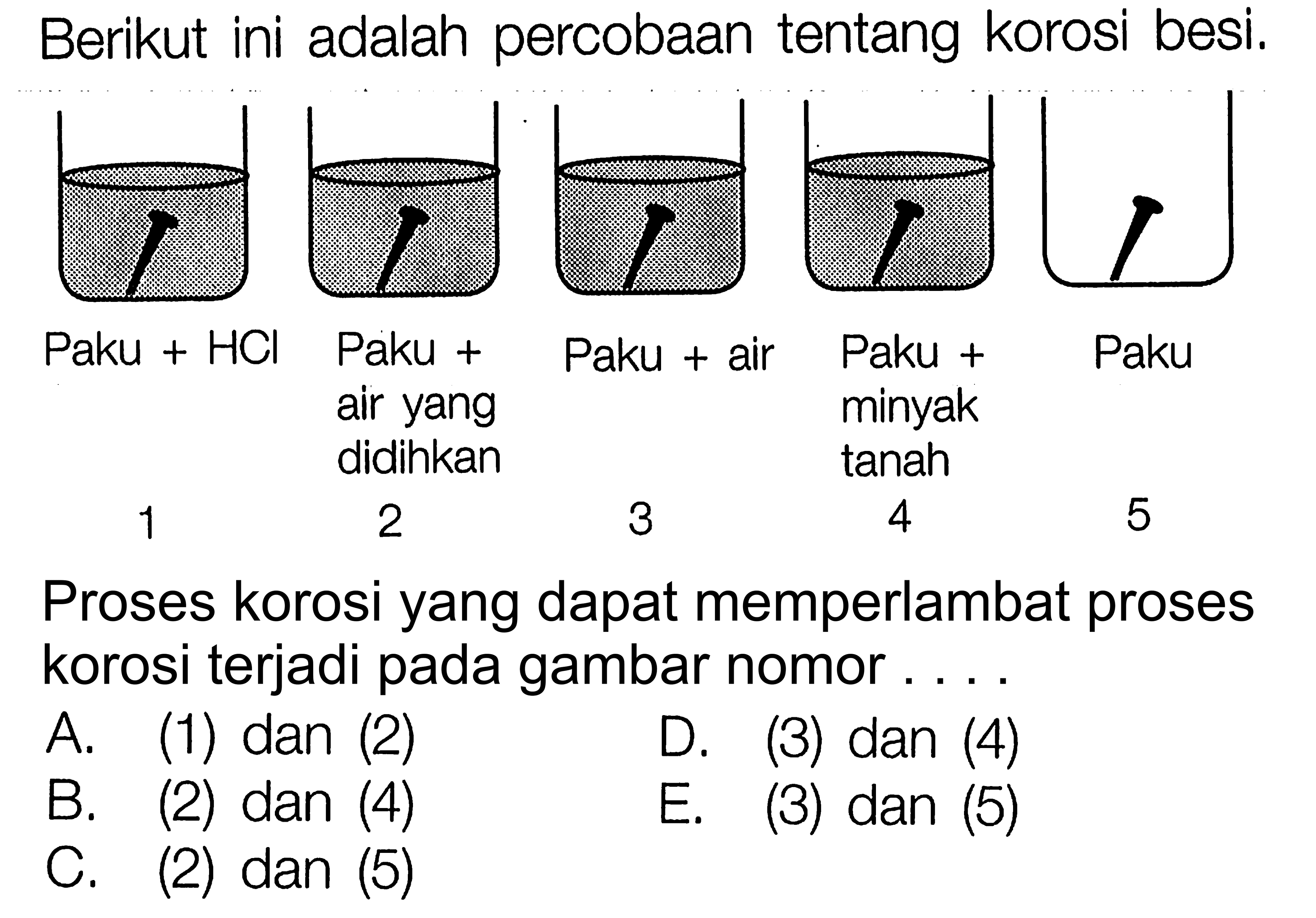 Berikut ini adalah percobaan tentang korosi besi. Paku+HCl Paku+air yang didihkan Paku+air Paku+minyak tanah Paku Proses korosi yang dapat memperlambat proses korosi terjadi pada gambar nomor.... 