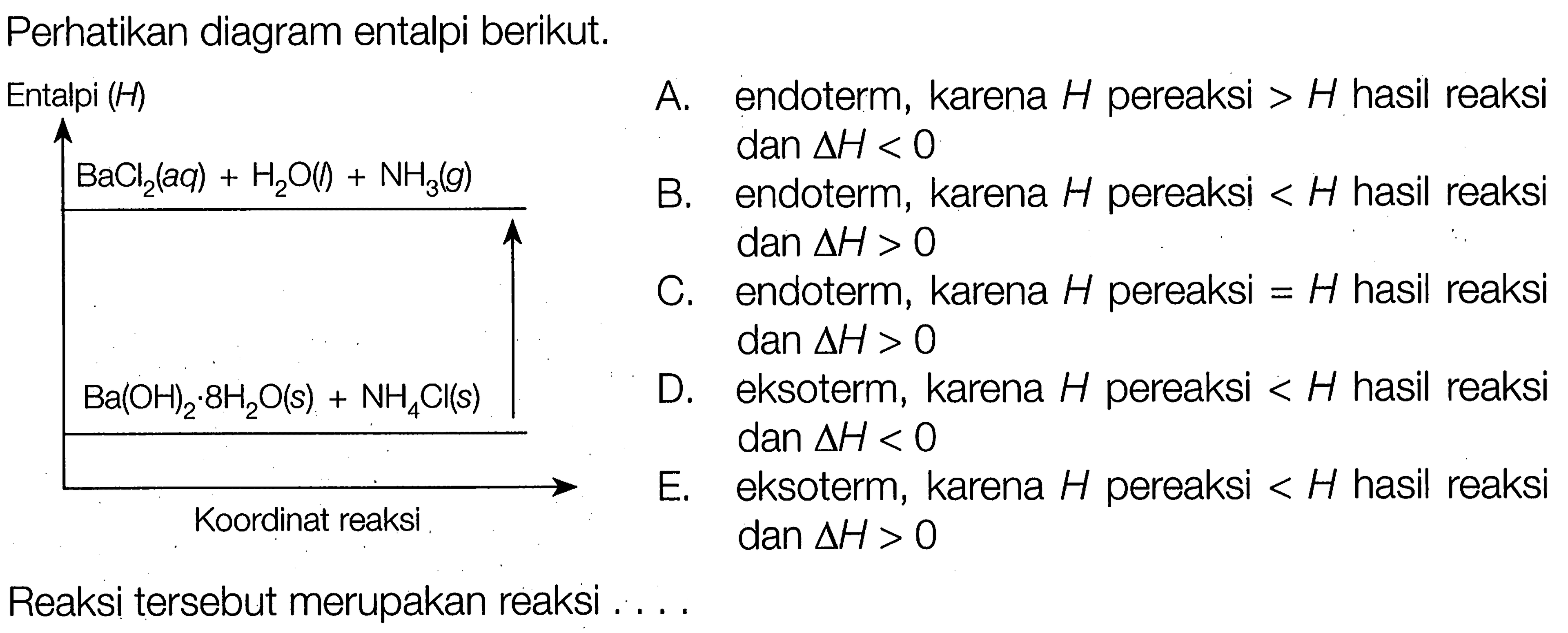 Perhatikan diagram entalpi berikut. 
Entalpi (H) BaCl2 (aq) + H2O (l) + NH3 (g) 
 Ba(OH)2 . 8 H2O (s) + NH4CI (s) Koordinat reaksi 
Reaksi tersebut merupakan reaksi
A. endoterm, karena H pereaksi > H hasil reaksi dan delta H < 0 
B. endoterm, karena H pereaksi < H hasil reaksi dan delta H > 0 
C. endoterm, karena H pereaksi = H hasil reaksi dan delta H > 0 
D. eksoterm, karena H pereaksi < H hasil reaksi dan delta H < 0 
E. eksoterm, karena H pereaksi < H hasil reaksi dan delta H > 0 