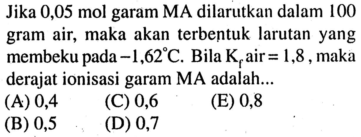 Jika 0,05 mol garam MA dilarutkan dalam 100 gram air, maka akan terbentuk larutan yang membeku pada -1,62 C. Bila Kf air = 1,8 , maka derajat ionisasi garam MA adalah... 