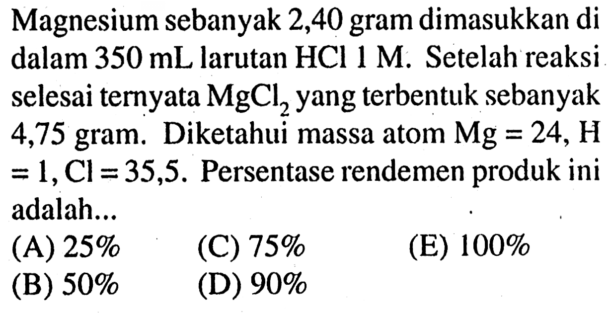 Magnesium sebanyak 2,40 gram dimasukkan di dalam 350 mL larutan HCl 1 M. Setelah reaksi selesai ternyata MgCl2 yang terbentuk sebanyak 4,75 gram. Diketahui massa atom Mg=24, H  =1, Cl=35,5 . Persentase rendemen produk ini adalah...
