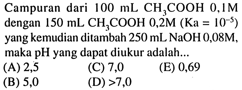 Campuran dari  100 ~mL  CH_(3) COOH 0,1 M  dengan  150 ~mL  CH_(3) COOH 0,2 M(Ka=10^(-5))  yang kemudian ditambah  250 ~mL NaOH 0,08 M , maka pH yang dapat diukur adalah...
(A) 2,5
(C) 7,0
(E) 0,69
(B) 5,0
(D)  >7,0 