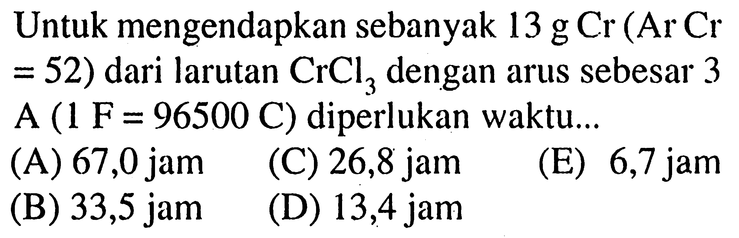 Untuk mengendapkan sebanyak  13 g Cr(ArCr=52) dari larutan  CrCl3  dengan arus sebesar 3 A  (1 F=96500 C)  diperlukan waktu...