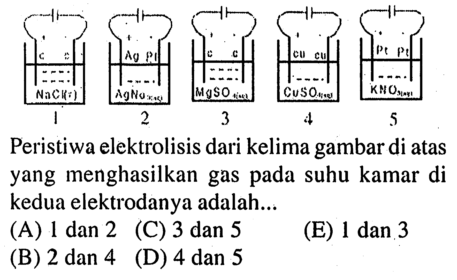 p + - + - + - + - + -
C C Ag Pl C C Cu Cu Pt Pt 
NaCl (aq) AgNO3 (aq) MgSO4 (aq)  CuSO4 (aq) KNO3 (aq)
1 2 3 4 5 
Peristiwa elektrolisis dari kelima gambar di atas yang menghasilkan gas pada suhu kamar di kedua elektrodanya adalah...
